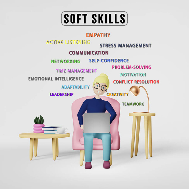 Soft Skills 3D rendering infographic. Young woman employee character Empathy Teamwork Problem Solving Time Management Leadership Emotional Intelligence Networking Communication Adaptability Creativity - Photo, Image