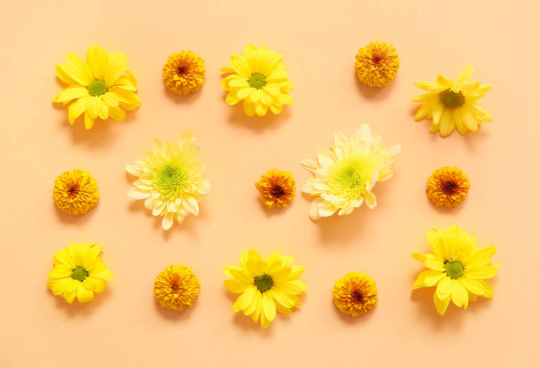 Όμορφα λουλούδια χρυσάνθεμα σε πορτοκαλί φόντο - Φωτογραφία, εικόνα