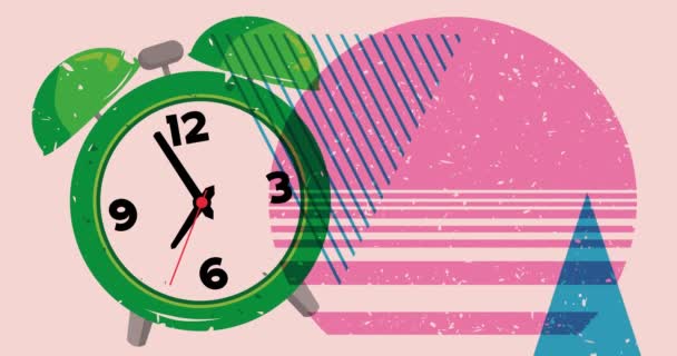 Risograph Alarm Clock with geometric shapes animation. Waking up concept with moving object in trendy riso graph design video. - Footage, Video