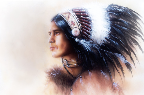 nádherný obraz mladé indiánský bojovník na sobě nádherné peří čelenku, profil portrét - Fotografie, Obrázek