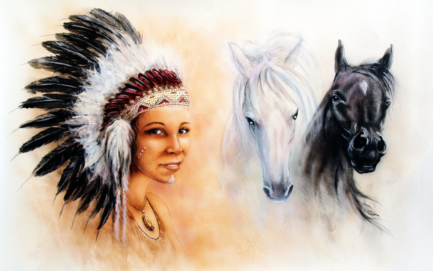 piękny obraz młodej kobiety indyjskie noszenie nakrycia głowy z piór wspaniały, obraz czarno-biały koń, ilustracja, kontakt wzrokowy - Zdjęcie, obraz