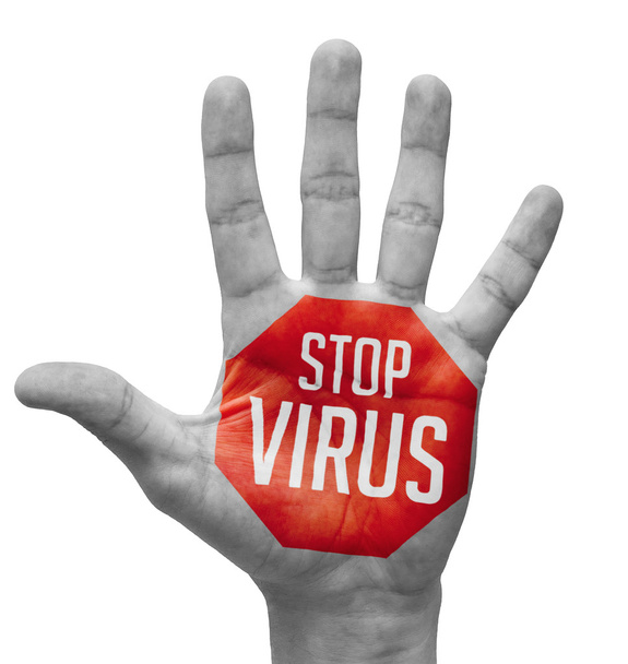 Stop Virus teksten op bleke blote Hand - Foto, afbeelding