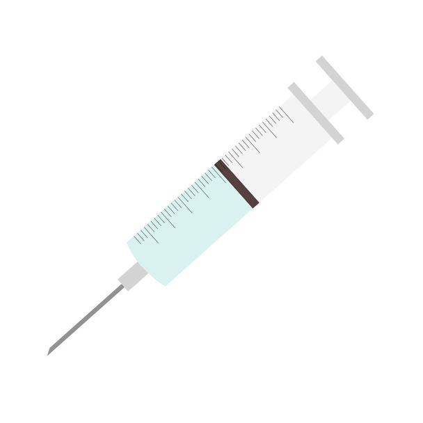 Realistická plochá injekční stříkačka s modrou tekutinou uvnitř izolovaná na bílém pozadí. Vektorová ilustrace - Vektor, obrázek
