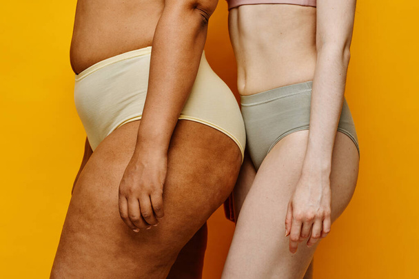 Detailní záběr dvou skutečných mladých žen ve spodním prádle proti žlutému pozadí zaměření na boky a celulitidu textury kůže - Fotografie, Obrázek