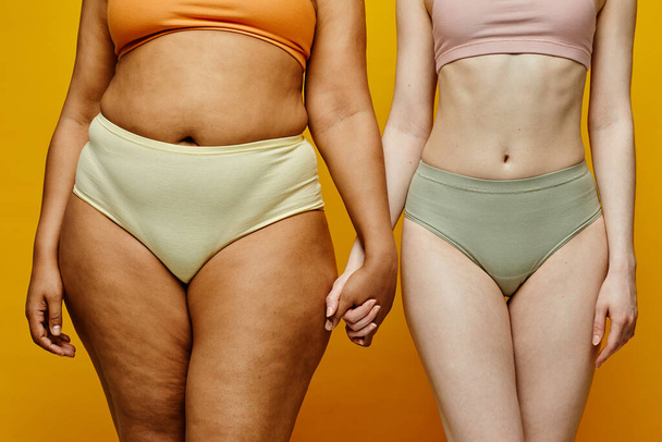 Detailní záběr dvou skutečných mladých žen ve spodním prádle a držení se za ruce proti žlutému pozadí zaměření na různé tvary těla - Fotografie, Obrázek