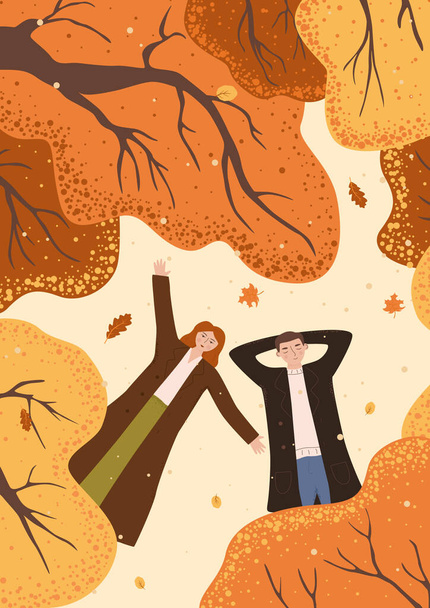 hombre y mujer yacen bajo los árboles de otoño. tarjeta con una pareja acostada en el suelo, vista superior. Esposo y esposa están descansando en el bosque de otoño. Ilustración vectorial plana - Vector, Imagen