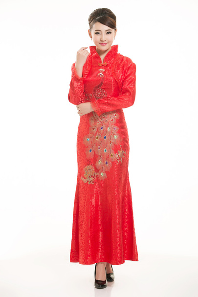 Vestindo garçom roupas chinesas na frente de um fundo branco - Foto, Imagem