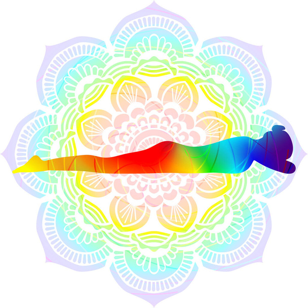 posture de yoga silhouette colorée. Inverser le cadavre avec les mains de prière pose. Pranama. Sujet et Neutre. Illustration vectorielle isolée. Mandala fond. - Vecteur, image