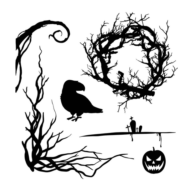 Vektor-Set von Einladungen zur Halloween-Party. Sammlung von Halloween-Silhouetten - Vektor, Bild