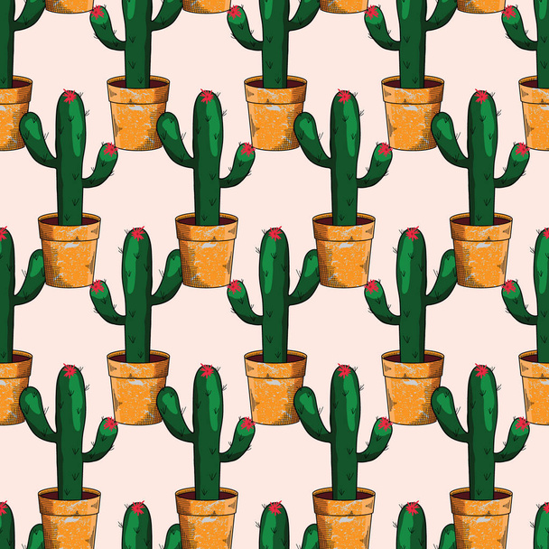 Seamless Cactus in Terra Cotta Pots Vector Pattern - Vector, Image