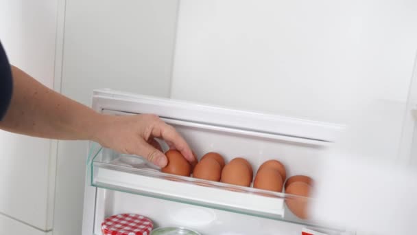 Close-up mão mulheres colocando ovos de galinha na postura de ovos na geladeira. Deitado fora comida - Filmagem, Vídeo