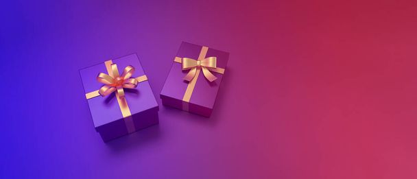 Gifts box with golden ribbon on gradient background. 3D rendering. - Photo, Image