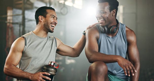 Happy man, friends and high five in fitness, workout or exercise in teamwork, motivation or gym together. People touching hands in success for sports training, healthy wellness or team in body goals. - Photo, image