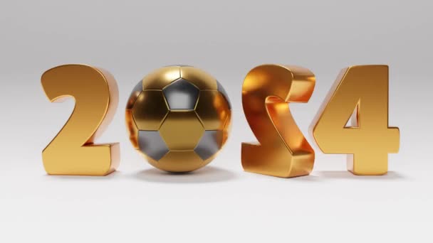 Цикл 3D анимации золотого футбольного мяча и золотая дата 2024 года. Идея спортивных успехов и достижений в будущем 2024 году. - Кадры, видео