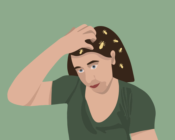 Vector isolated illustration of girl scratching from lice bite. The problem of pediculosis. - Vector, Image