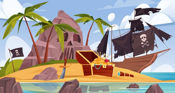 宝物と海賊船を破壊した海賊島. ベクターヤシの木と無人島の金貨の胸. 黒い帆の頭蓋骨が付いている船積みの後の帆船が付いている漫画の海の風景 - ベクター画像