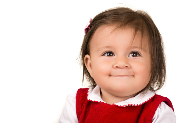 portrait of adorable brunette baby girl wearing red dress - Photo, Image