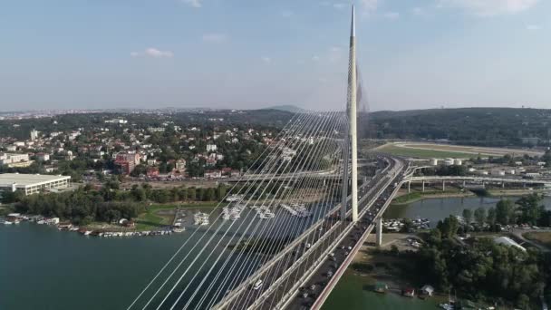 Letecký pohled na most Ada přes řeku Sávu v Bělehradě, Srbsko. Léto - Záběry, video