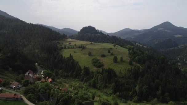 Het dorpje Spajici en het dorpje Lazici, een klein dorpje met een paar huizen, met meer Spajica, vlakbij meer Zaovine. Luchtfoto. Zomer.  - Video