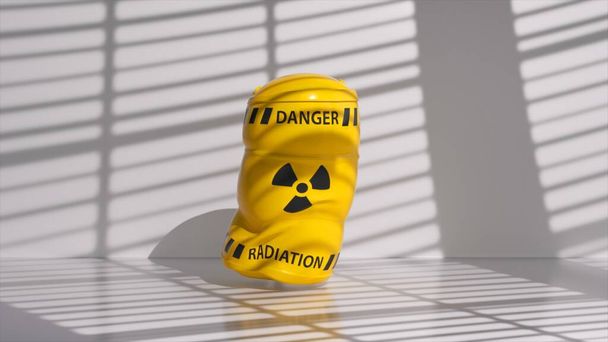 Абстрактное понятие. Желтый бочонок токсичных отходов падает на пол и превращается в надувной шар. Трансформация объектов. 3d иллюстрация - Фото, изображение