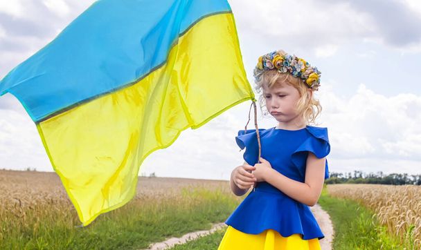 Smutná dívka drží žlutomodrou vlajku Ukrajiny v pšeničném poli. - Fotografie, Obrázek