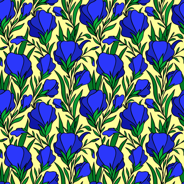 αδιάλειπτη μοτίβο περίγραμμα των μεγάλων μπλε λουλούδια σε κίτρινο φόντο, υφή - Διάνυσμα, εικόνα