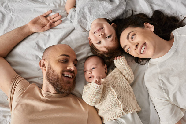 top view of cheerful beautiful family spending time together lying in bed, modern parenting - 写真・画像