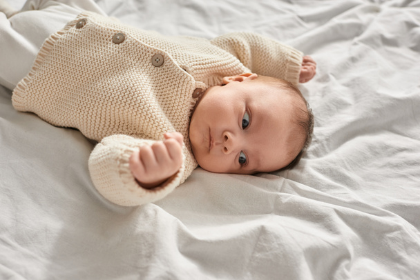 retrato de adorável menino recém-nascido deitado em cobertor branco em cardigan bege quente olhando para longe - Foto, Imagem