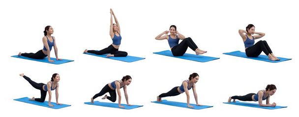 Collection of body workout training with exercise posture for athletic woman in different various exercising pose sequence in full body studio shot on isolated background. Vigorous - Photo, Image