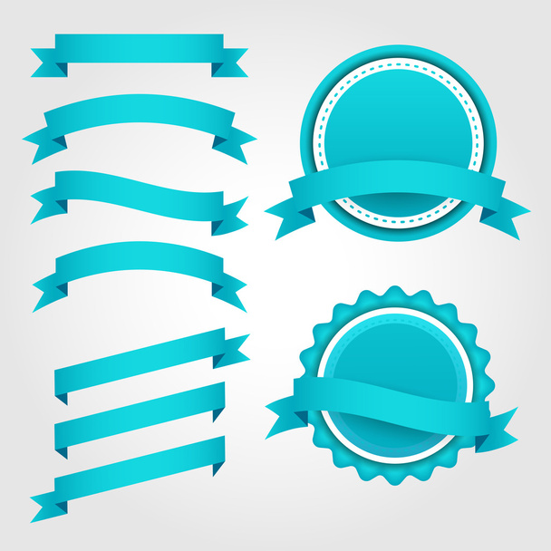 Set of blue paper ribbons, labels and badges - Vector, Image