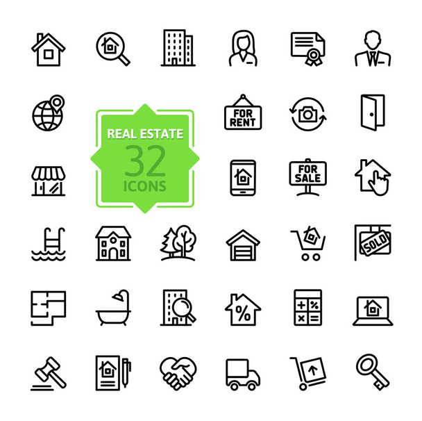 Esquema conjunto de iconos web - Inmobiliaria - Vector, imagen