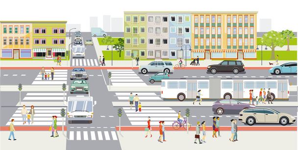 Road traffic with pedestrians  and  crosswalk, illustration - Vector, Image