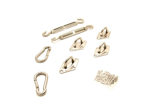 Turnbuckle, pad eye, snap hooks and screws in shade sail hardware kit self-closing locking connector, cable tension, attachment point stainless steel isolated white background. Wire chain heavy duty - Photo, Image