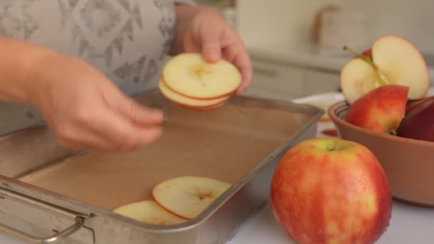 リンゴをスライスしてさらに乾燥させます. キッチンナイフを使用した女性の手は,ベーキングシートに広がるスライスに大きな熟したリンゴを切りました - 映像、動画