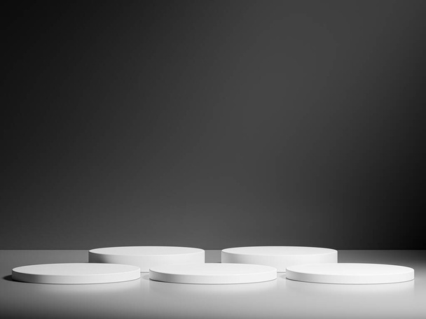 Runde schwarze Podeste bilden einen Zylinder auf dunklem Hintergrund. Perfekte Plattform, um Ihre Produkte zu zeigen. Dreidimensionale Darstellung - Foto, Bild