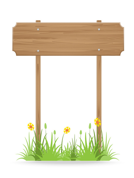 Señal de madera sobre hierba con flor aislada sobre blanco
 - Vector, imagen