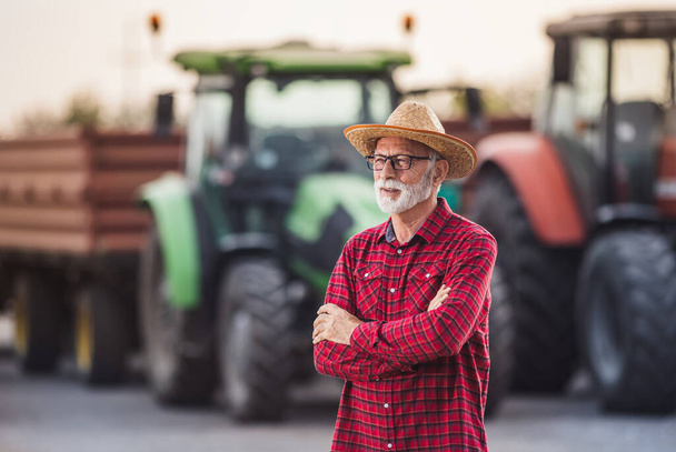 収穫の時間のトレーラーが付いている2つのトラクターの前に立っているわら帽子が付いているシニアマン農家 - 写真・画像