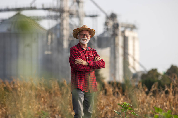 Portrait of senior farmer with straw hat standing in front of grain silos in corn field during harvest time - Photo, Image