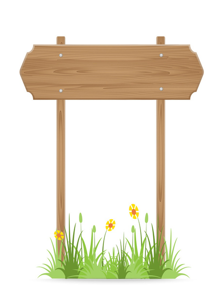 Señal de madera sobre hierba con flor aislada sobre blanco
 - Vector, Imagen