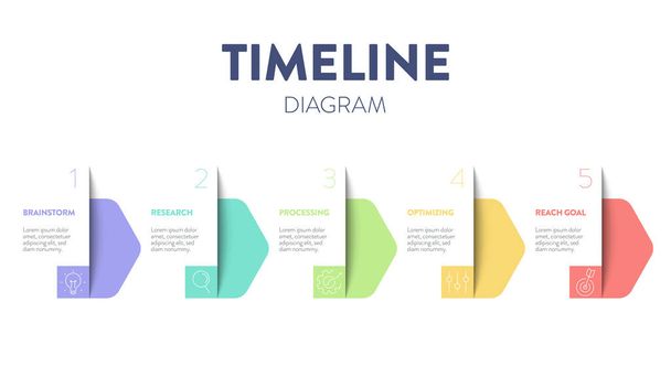 Geschäftsprojekt Timelines Diagramme Layout-Vorlage für Folienpräsentation. Anfahrtskarten für Kunden Infografik. Kreative Unternehmen Timeline-Prozesse mit 8 Optionen Symbole. Moderner einfacher Workflow-Vektor. - Vektor, Bild