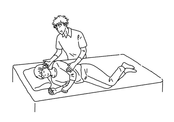 Yksinkertainen kosketus Kuva naisesta, joka saa hoitoa fysioterapiakeskuksessa ja miehestä, joka on osteopaatti - Vektori, kuva
