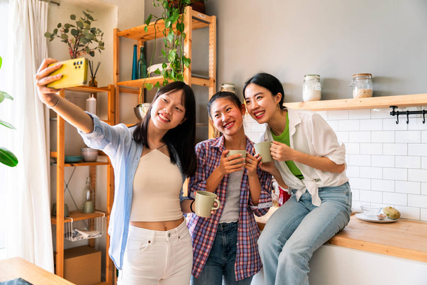 Happy beautiful chinese women friends bonding at home - Playful pretty asian female adults meeting and having fun at home, concepts about lifestyle, domestic life and friendship - Zdjęcie, obraz
