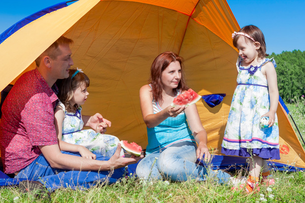Outdoor group portrait of happy company having picnic near the tent in park and enjoying watermelon - Fotoğraf, Görsel
