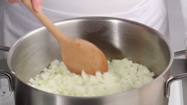 Sudoración de cebollas cortadas en olla
 - Metraje, vídeo