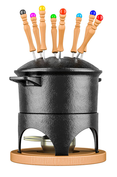 Cast Iron Fondue Pot with Forks, Fondue set. 3D rendering isolated on white background - Photo, Image