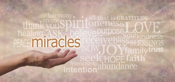 Words Associated with MIRACLES on flowing pale natural coloured background - female open palm hand with MIRACLES  floating above surrounded by relevent words on buff coloured background - Photo, Image