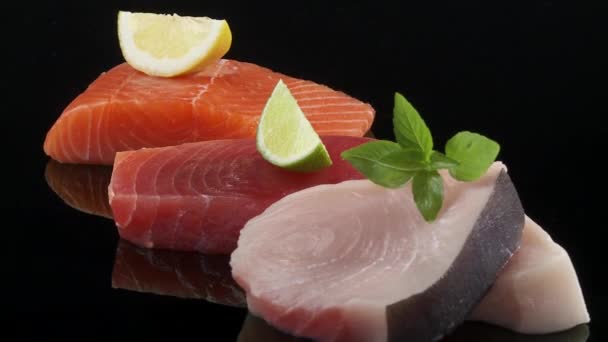 Salmon fillet, tuna steak and swordfish steak - Footage, Video