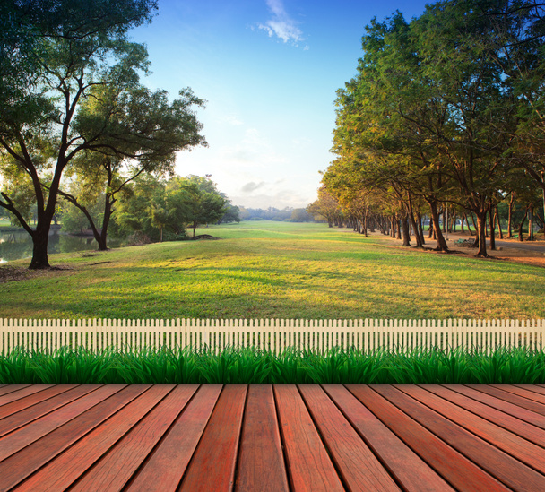 Drewniany taras i trawa zielona pole publiczny park używać jako naturalny ba - Zdjęcie, obraz