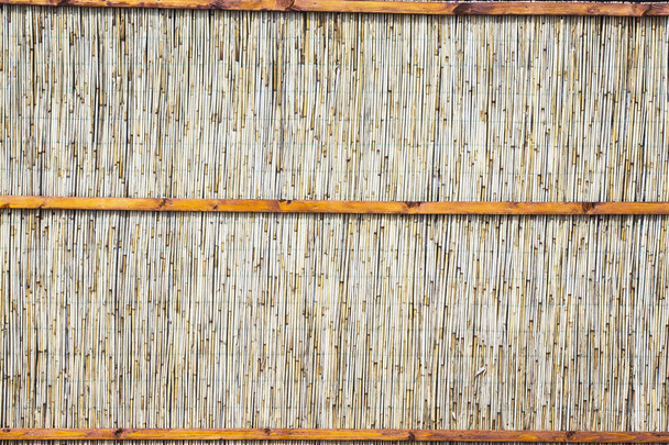 The texture of the dry reeds. Yellow reeds. A fence made of reeds. The roof is covered with reeds. Twigs. Sticks. Background. Tree. Dry grass. Cane. - Photo, Image