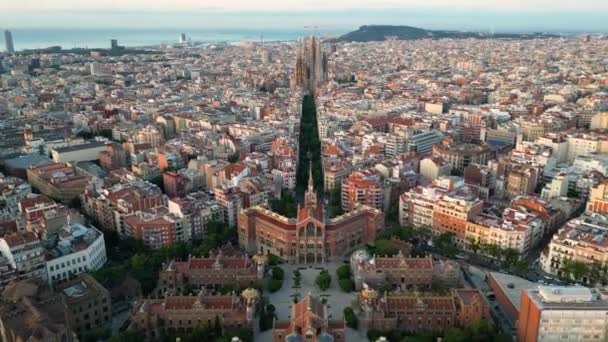 De skyline van Barcelona, de wijk Eixample en de beroemde basiliek Sagrada Familia. Luchtfoto bij zonsopgang. Catalonië, Spanje - Video
